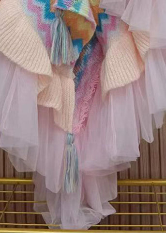 Bio-Rosa V-Ausschnitt gestreifter Tüll Patchwork Nagelperlen Strickcardigans Herbst 