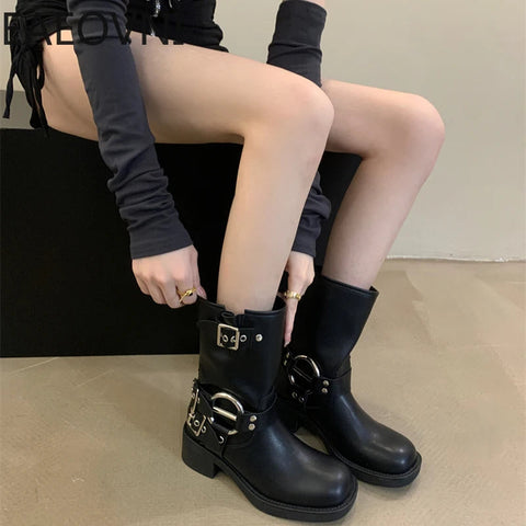 Winter Short Boots For Women Fashion Belt Buckle Biker Boots Female Elegant Square Heel Women's Knight Bootties