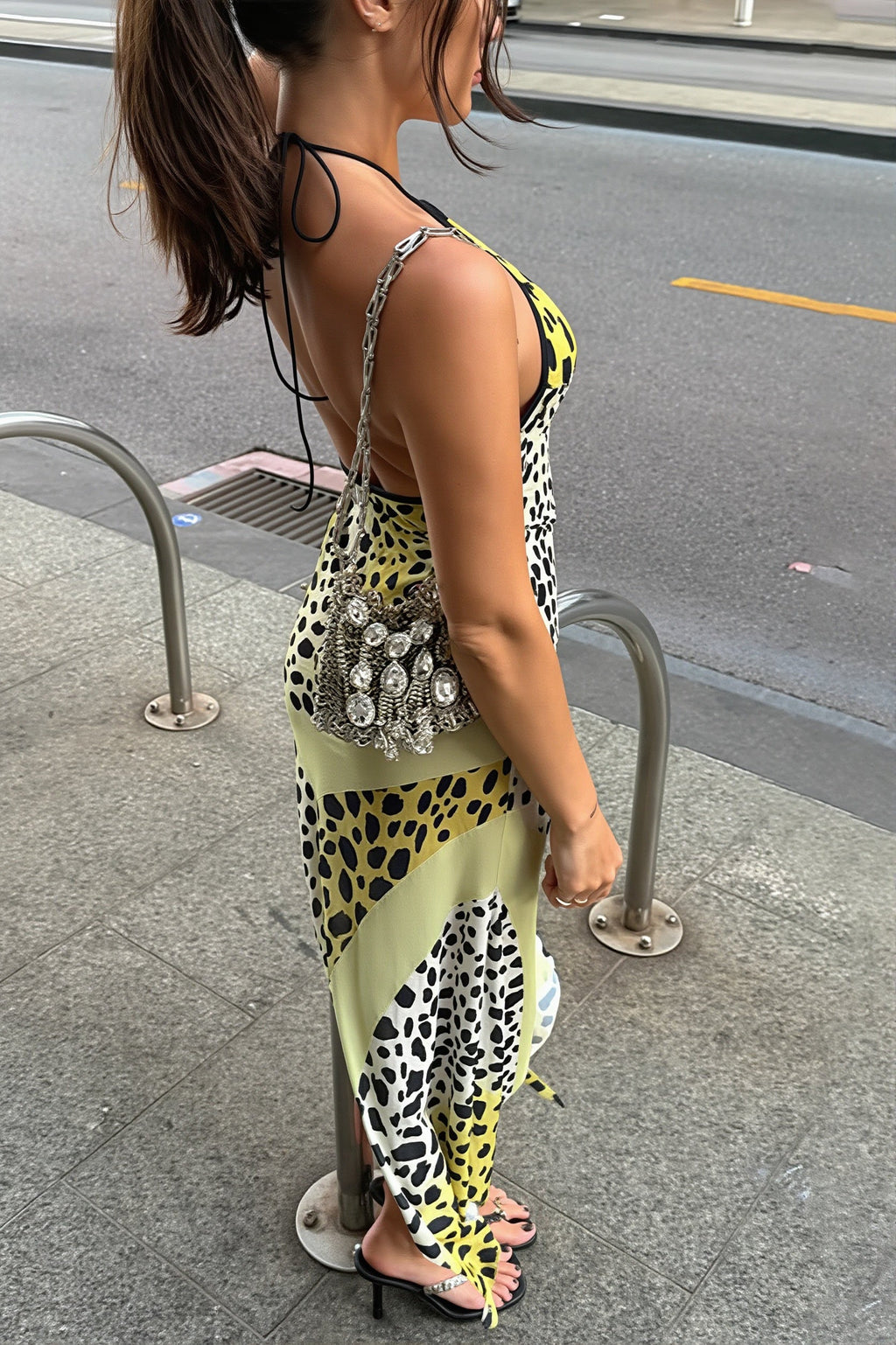 Sexy Leopard Halter Bust Cutout Back Slit Asymmetrical Maxi Dress