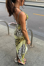 Sexy Leopard Halter Bust Cutout Back Slit Asymmetrical Maxi Dress