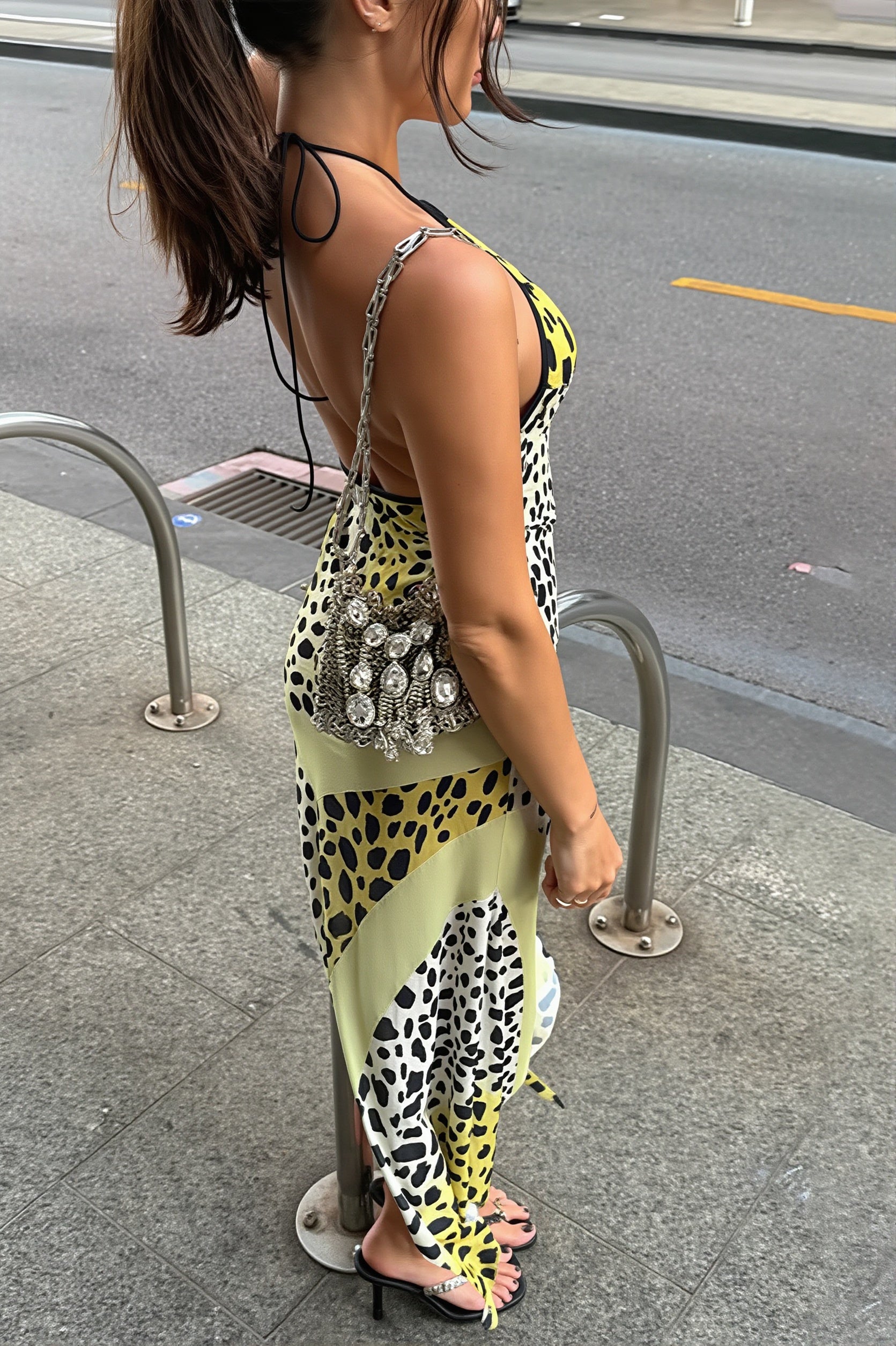 Sexy Leopard Halter Bust Cutout Back Slit Asymmetrical Maxi Dress