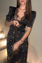 Satin Lace V Neck Cutout Polka Dot Half Sleeve Maxi Dress