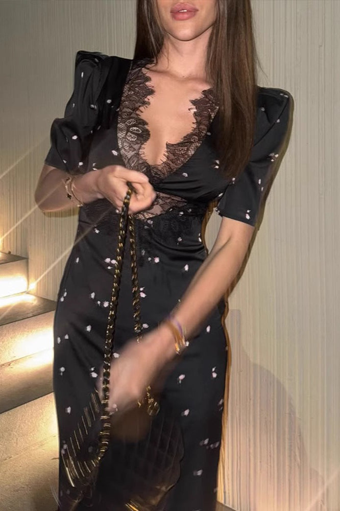 Satin Lace V Neck Cutout Polka Dot Half Sleeve Maxi Dress