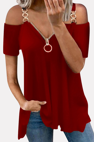Casual Solid Chains Zipper V Neck T-Shirts(6 Colors)