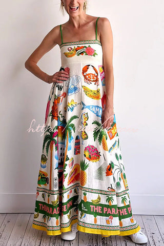 Holiday Paradise Maxikleid aus Leinenmischung mit einzigartigem Druck und gesmokten Gesäßtaschen 