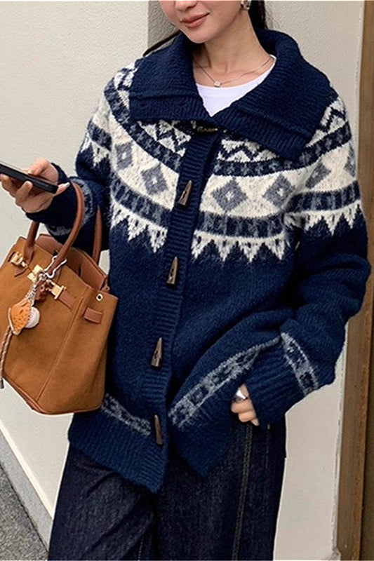 Jacquard Collar Horn Button Retro Loose Knit Cardigan