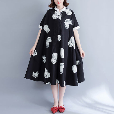 Vestido de gasa pura con estampados negros de boutique, ropa de gasa extragrande, vestidos, vestido camisero de gasa con cuello de solapa y dobladillo grande fino 