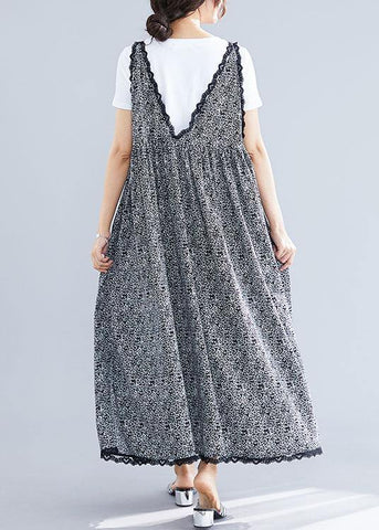 Vestido maxi de verano 100 % negro con cuello en V, de gasa, acolchado, con volantes de encaje 
