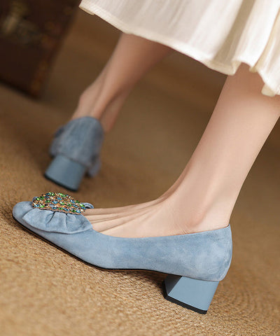 Französische schwarze Schleife Zirkon Spleißen Chunky Heel Schuhe Wildleder 