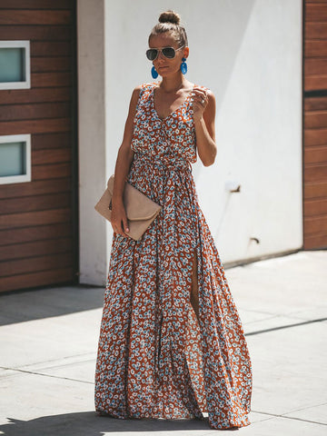 Vestido maxi floral sin mangas con cuello en V y abertura para verano 