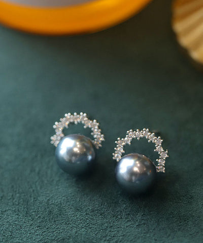 Pendientes de aro con perla de cobre blanco y circonitas 