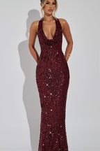 Sequin Cowl Neck Backless Bodycon Maxi Dress