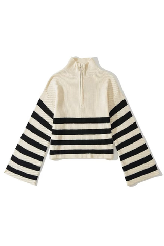 Turtleneck Zipper Striped Cardigan Sweater