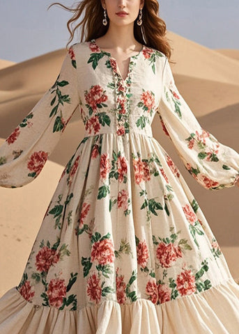 Bohemian Red Floral Cotton Party Dress Exra Large Hem Fall