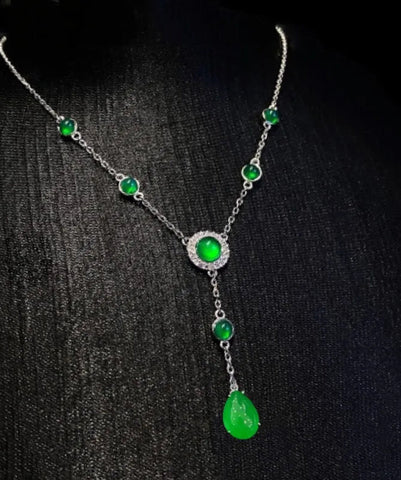 Neu Grün Sterling Silber Overgild Zirkon Jade Quaste Anhänger Halskette 