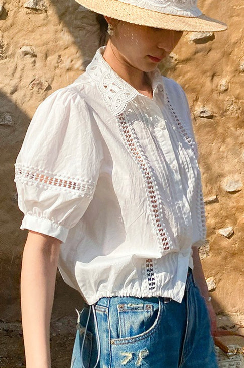 Chic Stripe Lace Puff Sleeve Blouse