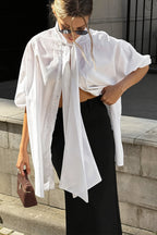 Stand Collar Tie White Elegant Blouse