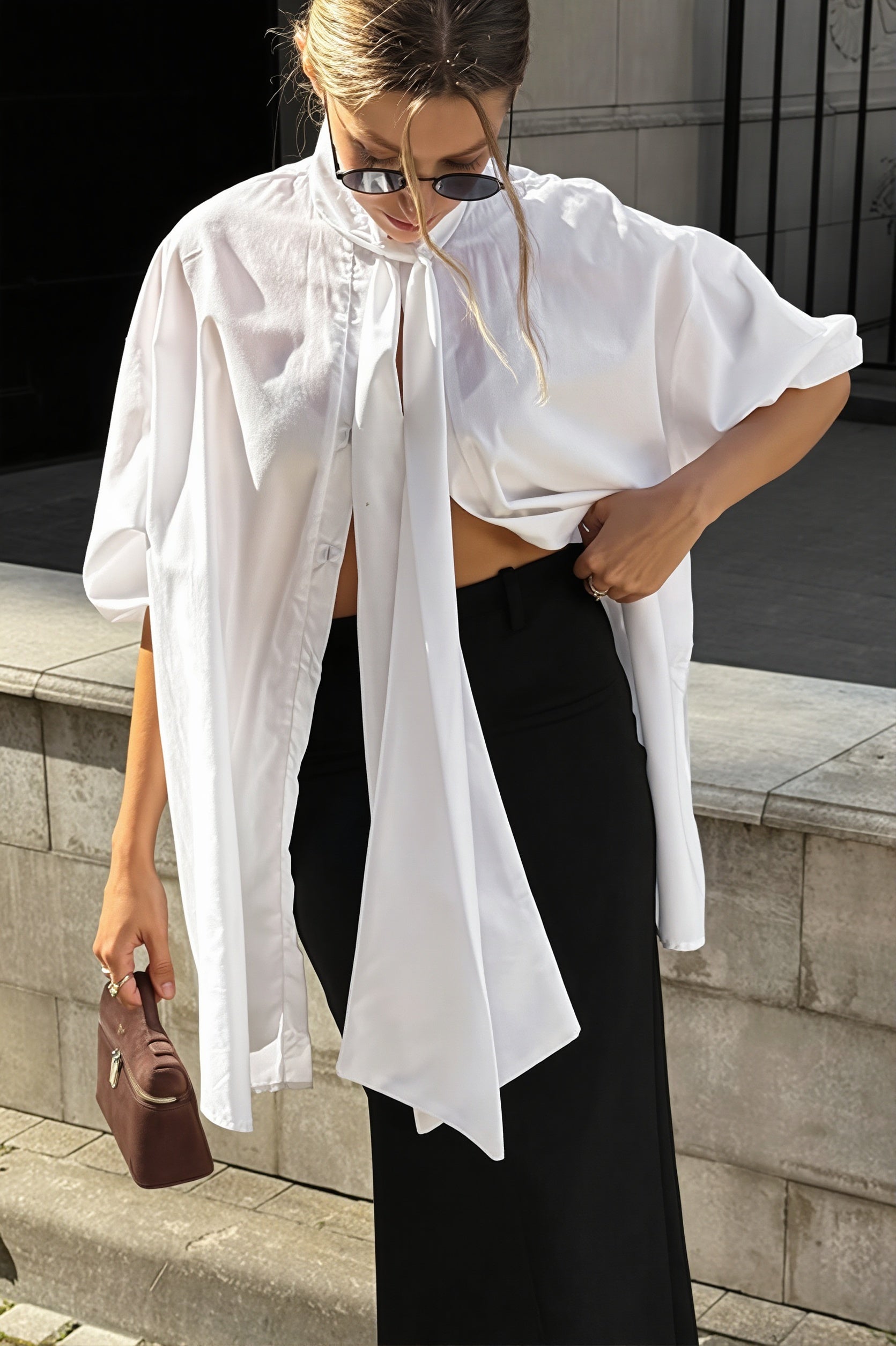 Stand Collar Tie White Elegant Blouse