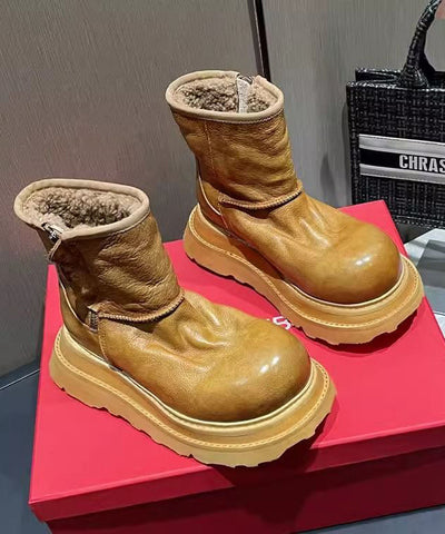 Mode Karamell Kunstleder Stiefel Fuzzy Wolle Gefüttert Spleißen Mit Reißverschluss 