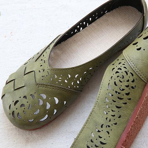 Zapatos planos casuales de cuero con plantilla de lino trenzado y huecos 