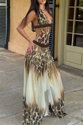 Deep V Neck Leopard Flared Hem Maxi Dress