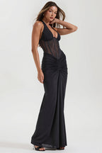 Tie Back Ruched Bodycon Maxi Dress