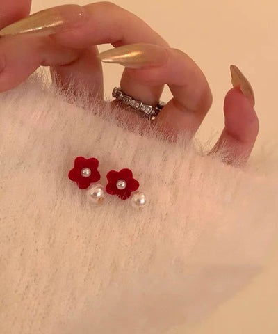 Art Red Silk Velvet Pearl Floral Stud Earrings