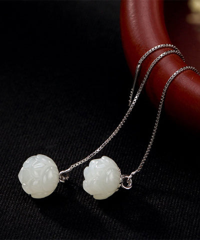Pendientes colgantes de loto de jade con incrustaciones de plata de ley blanca de moda 