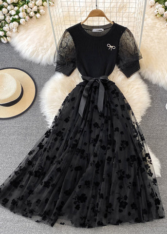 Vestido largo bohemio de tul con cuello redondo, lazo bordado en la cintura, de punto y patchwork, manga corta, color albaricoque 