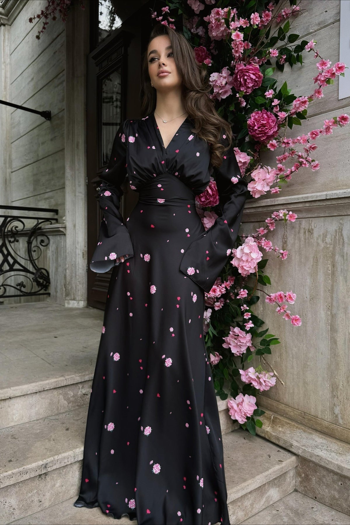 Satin Floral V Neck Flared Hem Maxi Dress