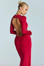 Sexy Backless Metal Decor Round Neck Sleeve Maxi Dress