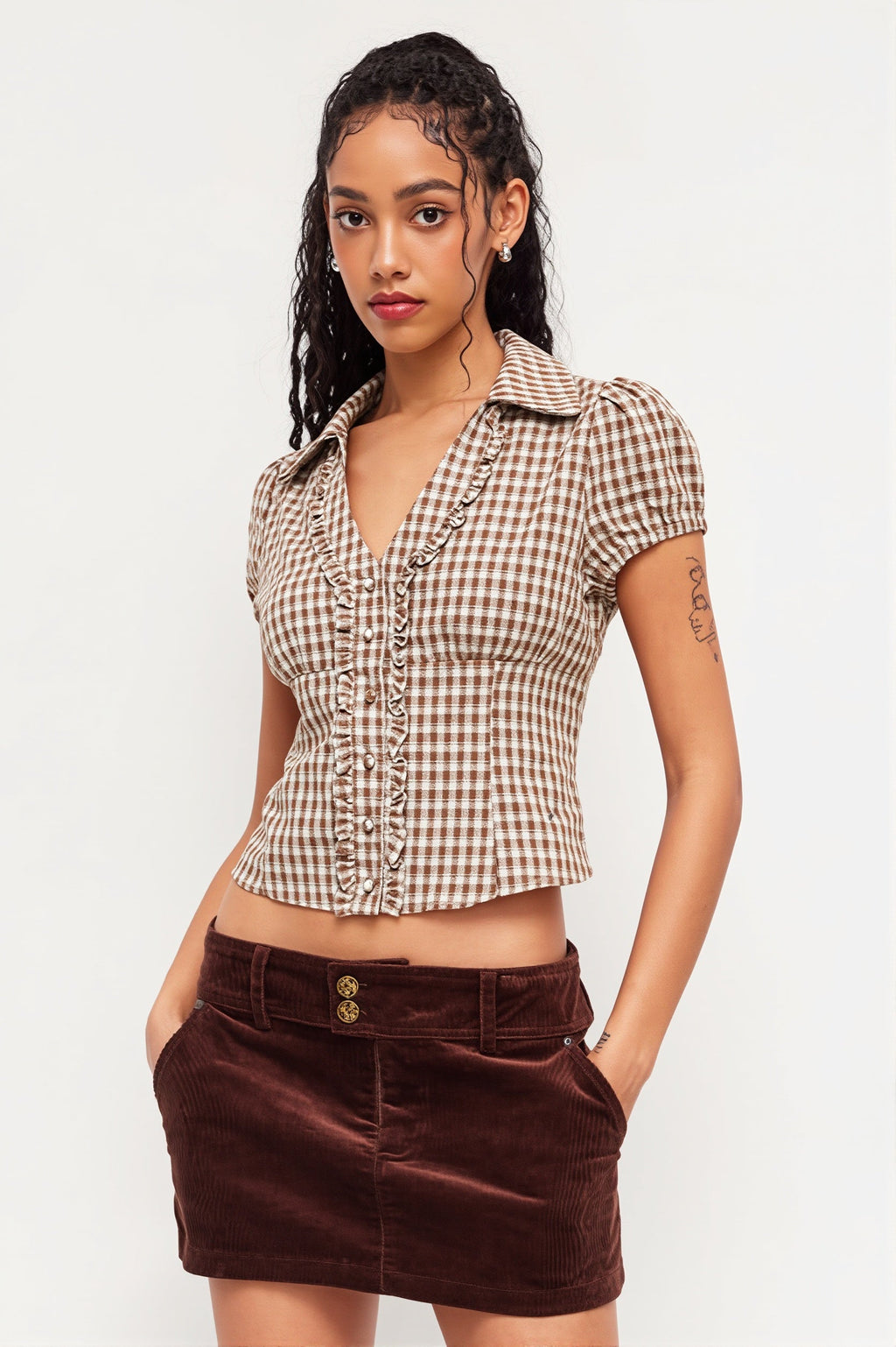 Plaid Ruffled Tie Lapel Slim Blouse
