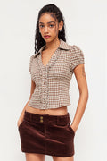 Plaid Ruffled Tie Lapel Slim Blouse