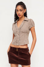 Plaid Ruffled Tie Lapel Slim Blouse