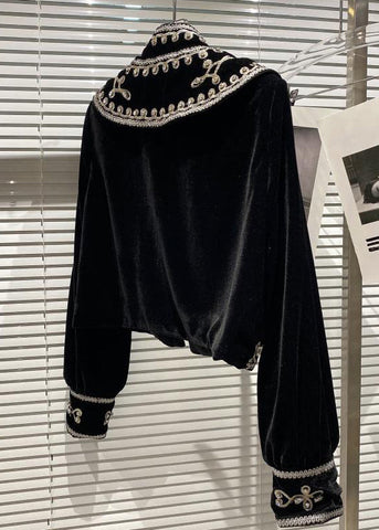 Nuevos abrigos de terciopelo de seda con patchwork de circonitas y cuello alto negro para otoño 