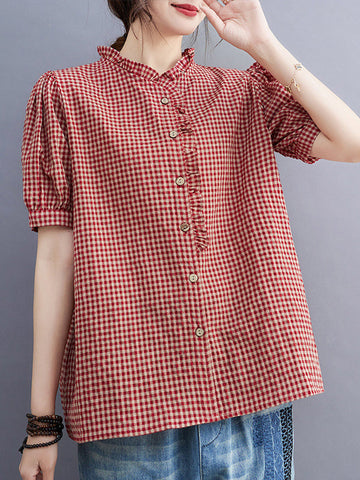 Loose Oversize Plaid Pleated Split-Joint V-Neck Blouses
