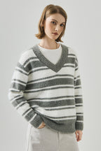Striped V Neck Loose Long Sleeve Knit Sweater