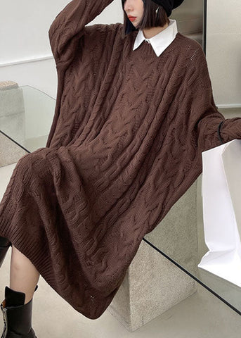 Edles, kaffeefarbenes, lässiges Jacquard-Pulloverkleid mit O-Ausschnitt für den Herbst 