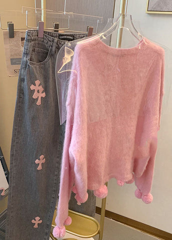 Niedliche rosa O-Ausschnitt Fuzzy Ball verziert warme Baumwolle stricken Pullover Langarm 
