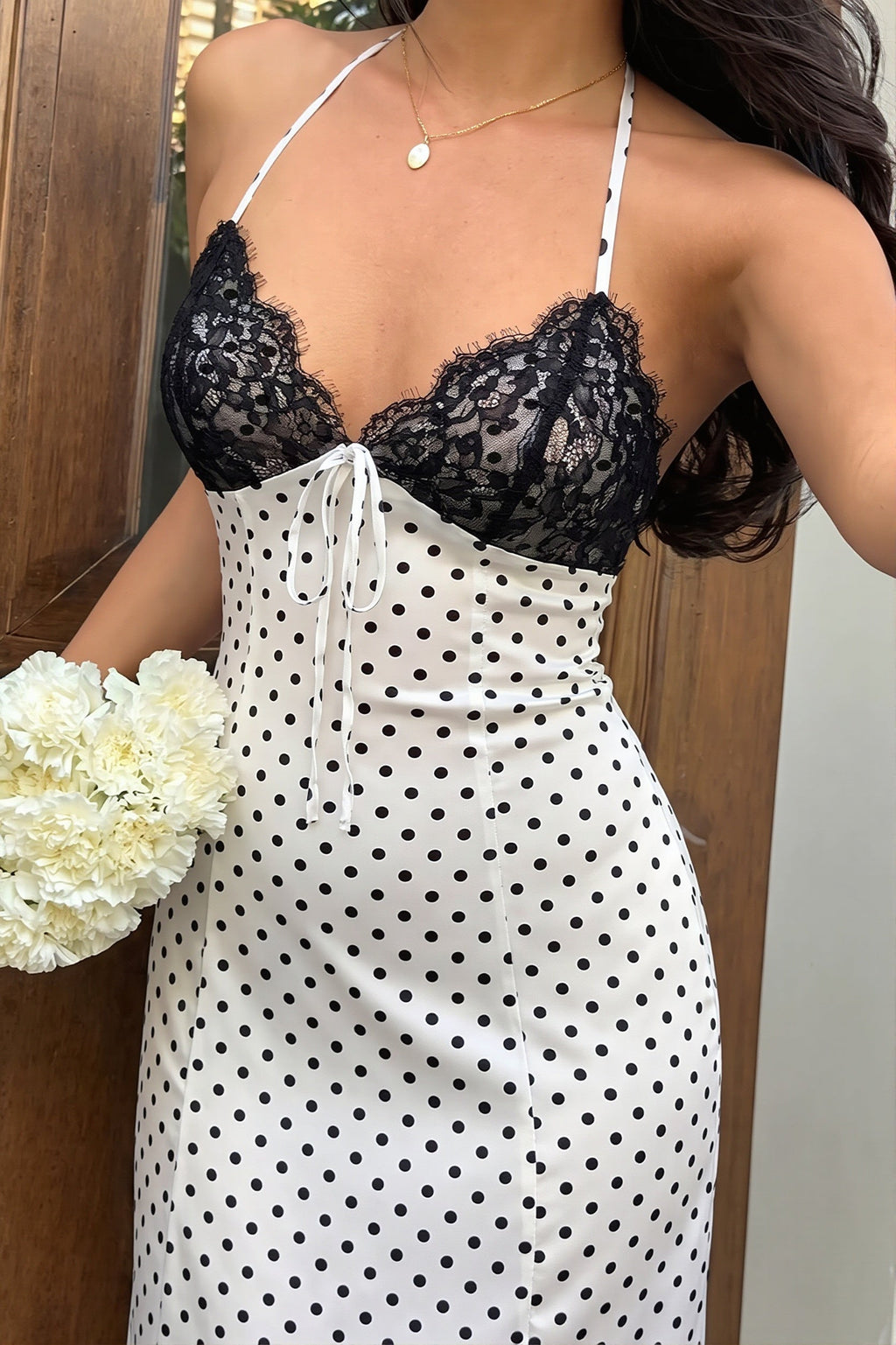 Elegant Polka Dot Halter Lace Spliced Back Tie Slimming Maxi Dress