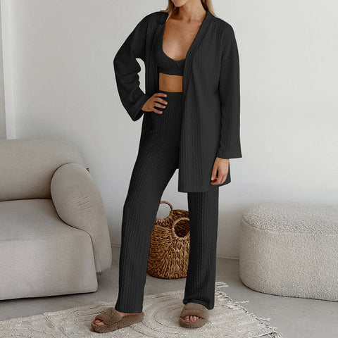 Pijama de punto sexy de otoño con tirantes, conjunto de tres piezas, cárdigan de manga larga, pantalones, ropa de casa para mujer 