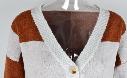 Autumn Winter Women's Plaid Stitching Knitwear Cardigan Sweater Coat