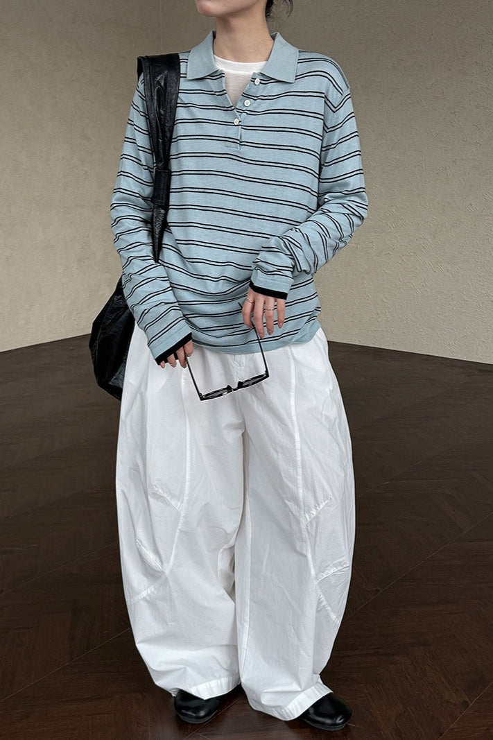 Soft Wool Striped Polo Collar Long Sleeve Long Sleeve Tee
