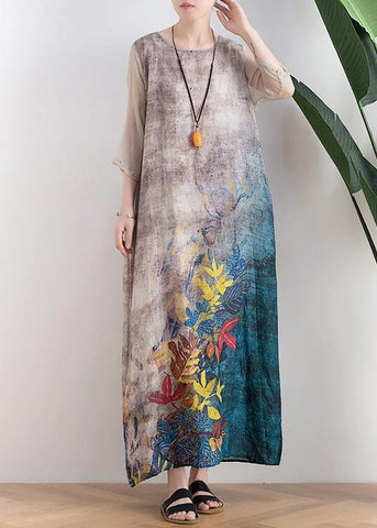 Retro style silk dress linen dress gray leaf print loose simple tie waist dress