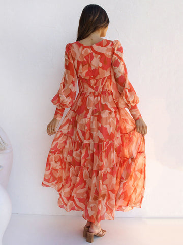 Maxi Dress V-Neck Long Sleeves Bohemian Floral Print Layered Pleated Long Dress