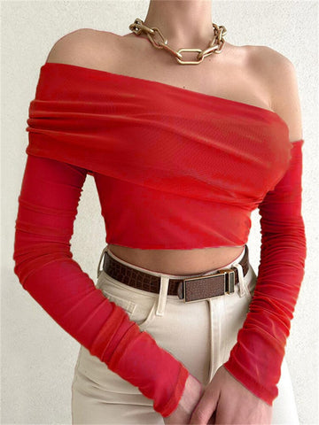 Tossy Sommer-Oberteil mit schulterfreiem, langärmeligem, transparentem Netzstoff, doppellagiges Wickeloberteil, gerüschte Spitze, kurze Oberteile für Damen, Neu 2023 