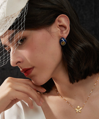Pendientes de aro de resina esmaltada con sobredorado de plata de ley azul real retro 