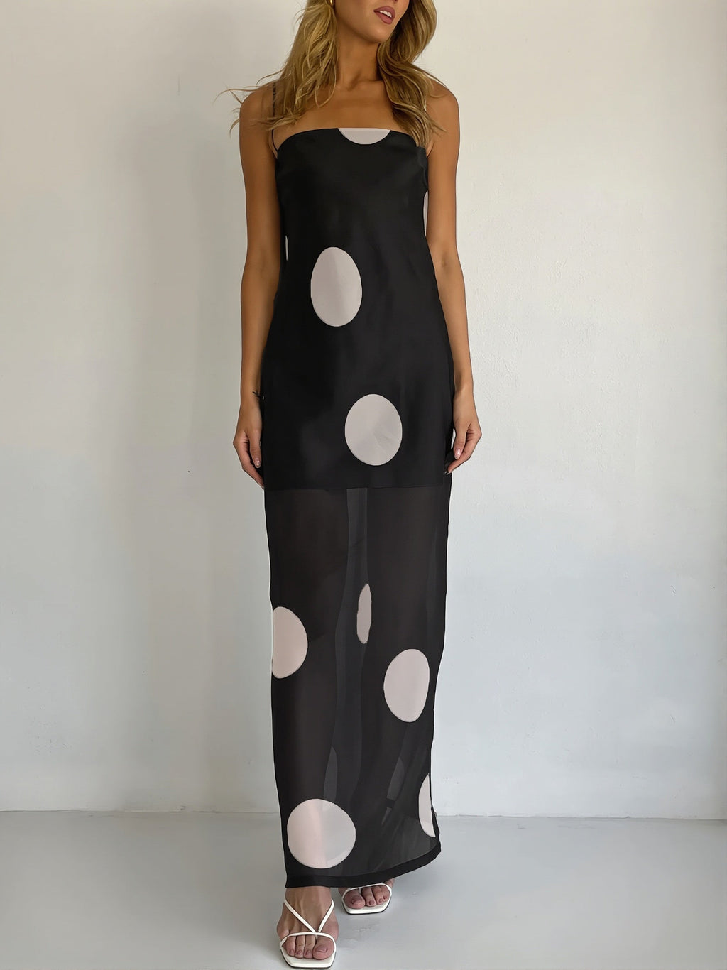 Elegant Polka Dot Strapless Sheer Slim Maxi Dress