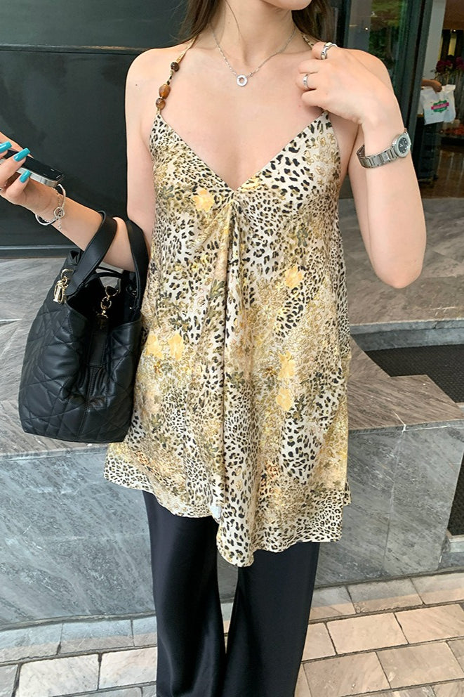 Chiffon V Neck Leopard Print Beaded Cami Top