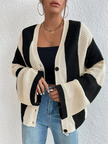 Suéter cárdigan de moda con contraste y agujeros de Tossy, prenda de punto para mujer, suelto, de manga larga, ropa de calle, abrigo de retazos para mujer 